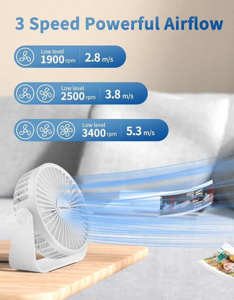 TriPole USB Desk Fan Portable Mini Fan Powerful 3 Speeds Wind Personal Desktop Fan with 360° Head Rotation for Home Office Car Indoor Outdoor White, No Battery, 4.5 Inches - Image 4